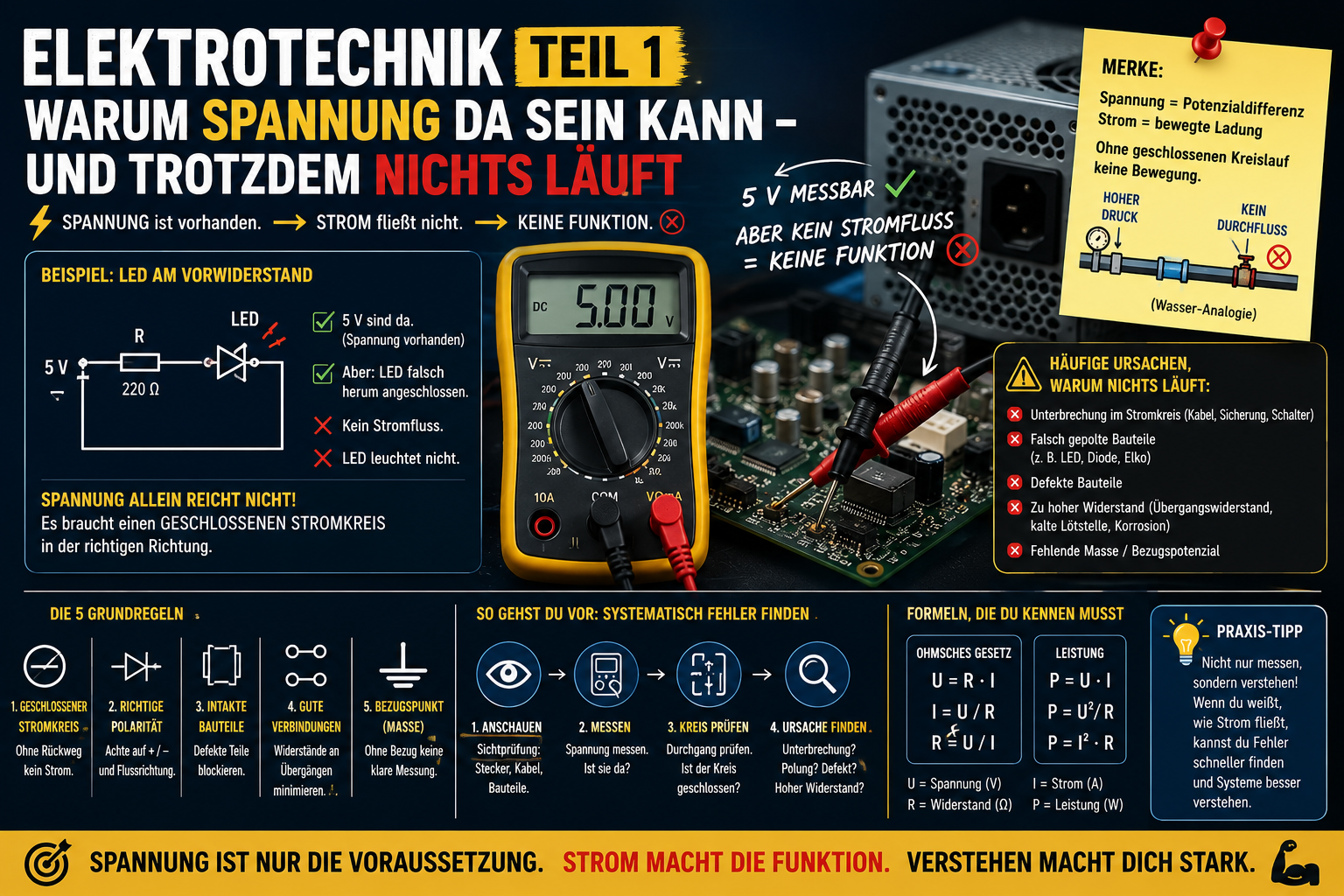 Elektrotechnik, Teil 1: Warum Spannung da sein kann – und trotzdem nichts läuft